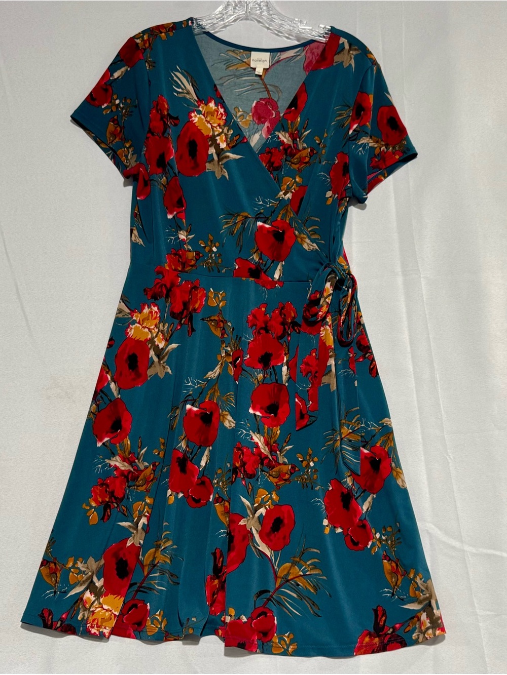 Stitch Fix - Kaileigh Teal Wrap Dress with Red Floral Print - Size Large
